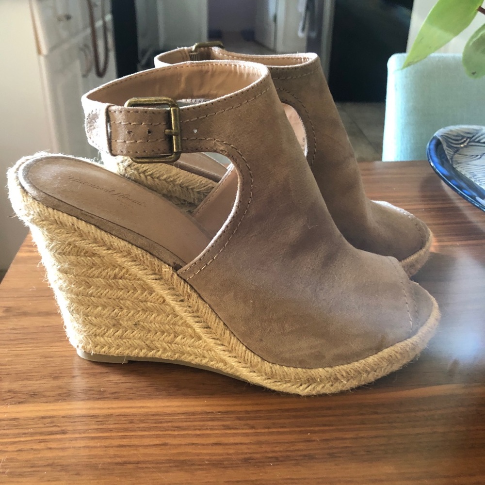 Tan peep toe wedge sandals